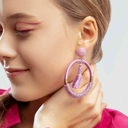Purple Beaded Fringe Hoops - HASHTACK