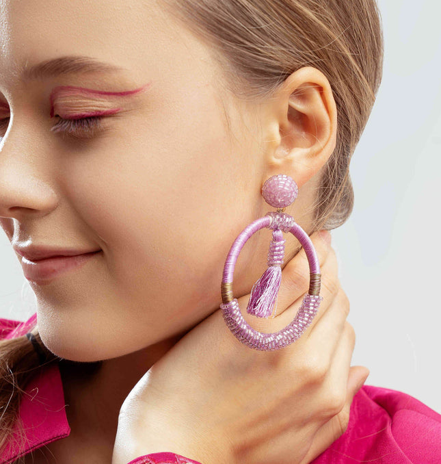 Purple Beaded Fringe Hoops - HASHTACK
