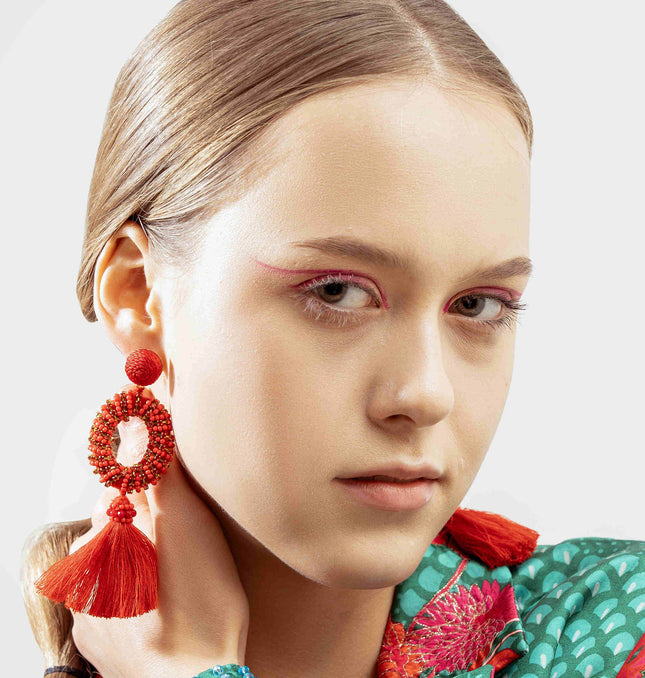 Red Beaded Drop Tassel earrings - HASHTACK
