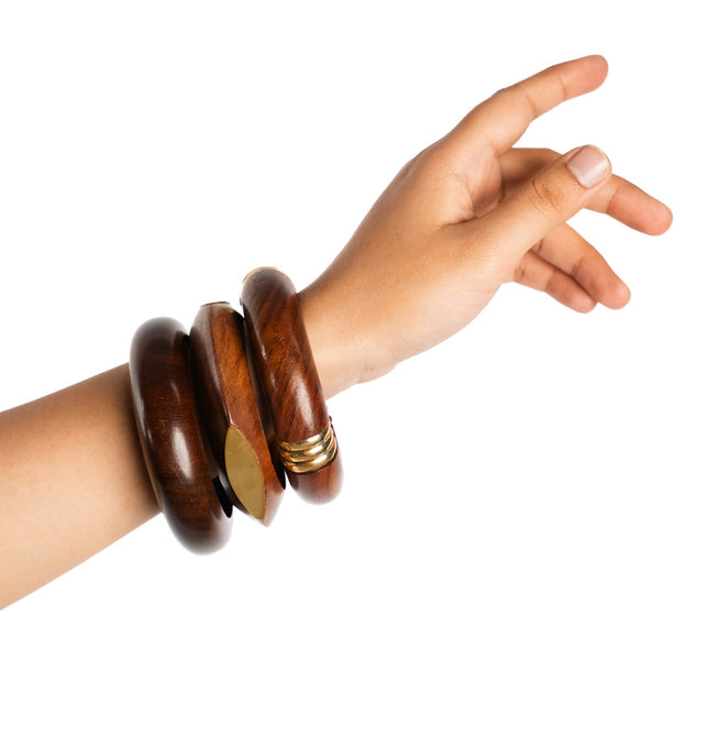 Handcrafted Wooden & Brass Accent Bangles – Set of 3