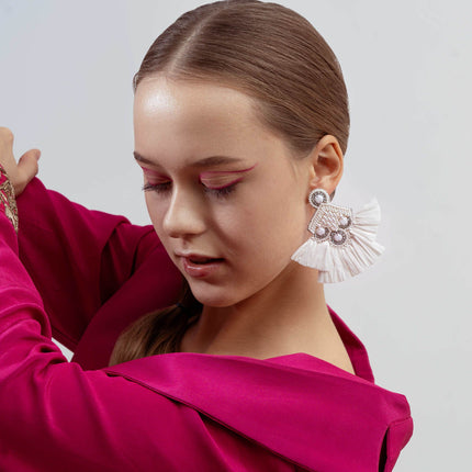 White Rafia Updown Fan Earrings - HASHTACK