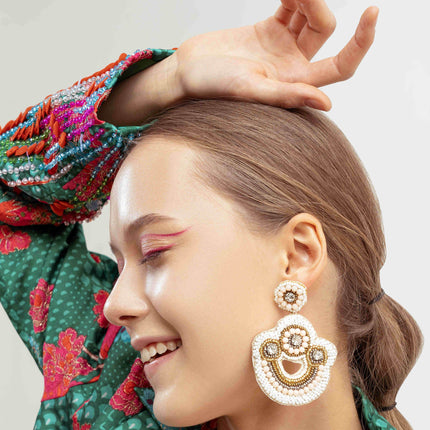 White Stone With Mini Pearl Half Moon Chandbali - HASHTACK