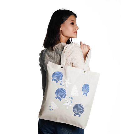 Blue Sea Shell Canvas Tote Bag - HASHTACK