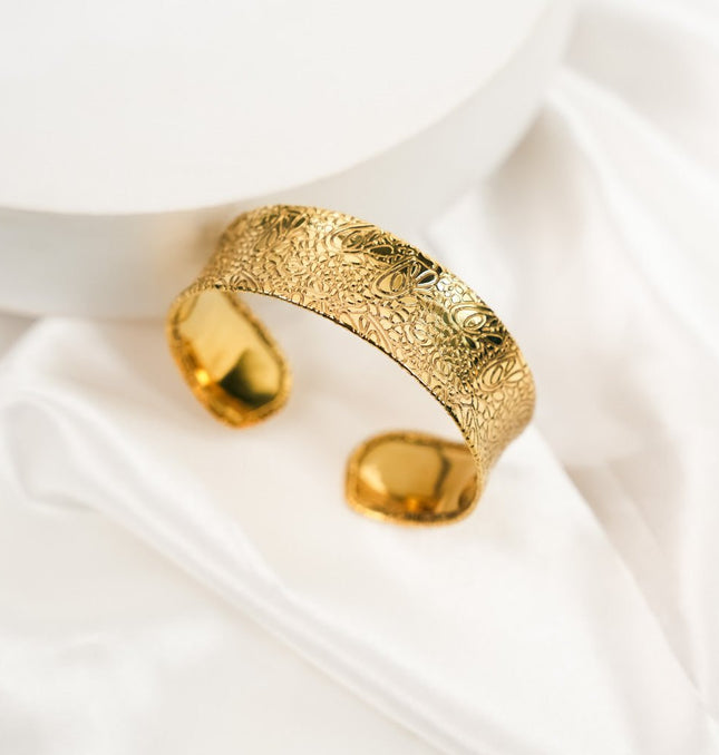 Celeste Embossed Gold Cuff Bracelet - HASHTACK