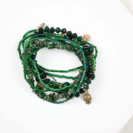 Emerald Green Multi-Layer Beaded Charm Bracelet - HASHTACK