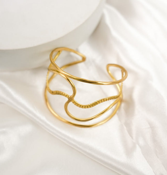 Golden Wave Sculptural Cuff Bracelet - HASHTACK