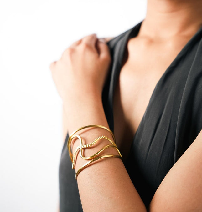 Golden Wave Sculptural Cuff Bracelet - HASHTACK