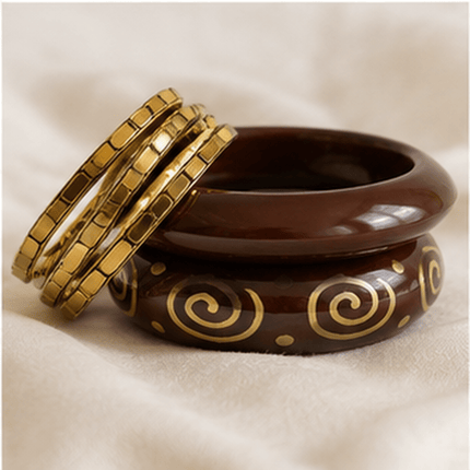 Maroon & Gold Spiral Statement Bangle Set - HASHTACK