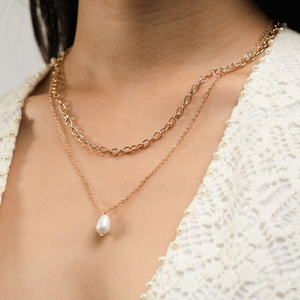 Pearl Drop Layered Necklace - HASHTACK