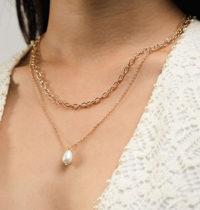 Pearl Drop Layered Necklace - HASHTACK