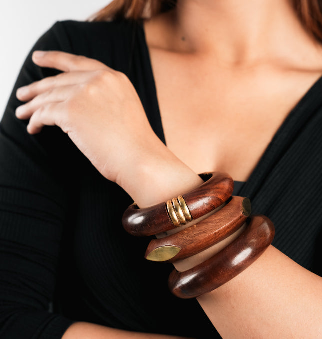 Handcrafted Wooden & Brass Accent Bangles – Set of 3